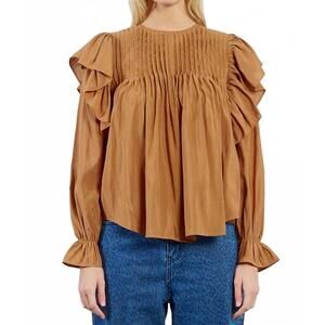 NEW LILI SIDONIO long sleeve ruffle blouse in camel